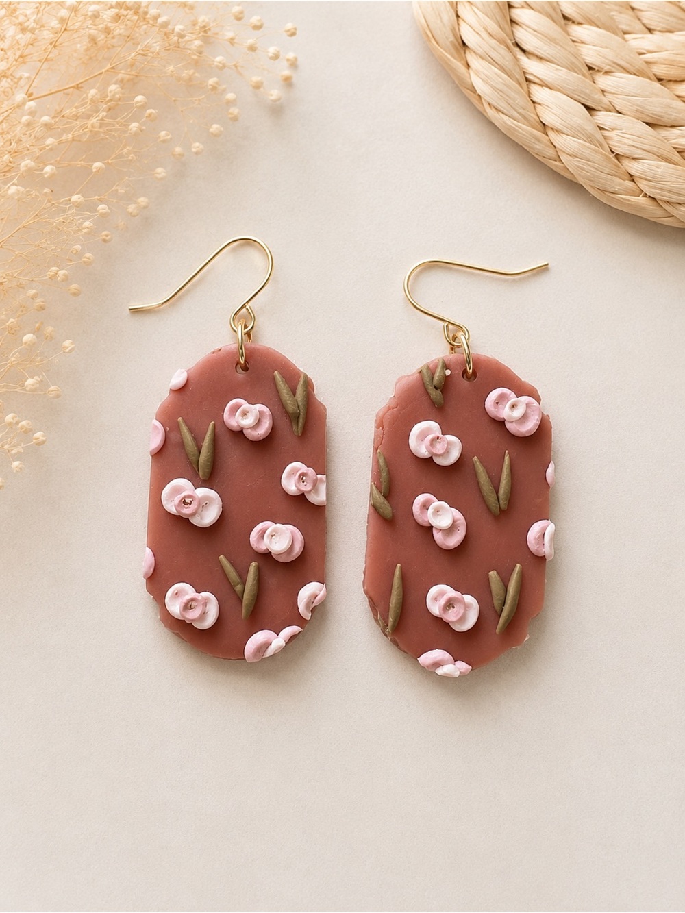 Mauve Floral Dangle Earrings with Pink Accents